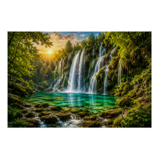 Emerald Waterfall Paradise Poster