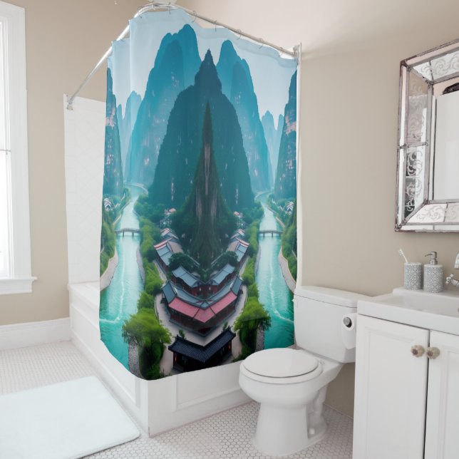 Emerald Waters & Mountain Views – Scenic Bathroom  Shower Curtain (In Situ)