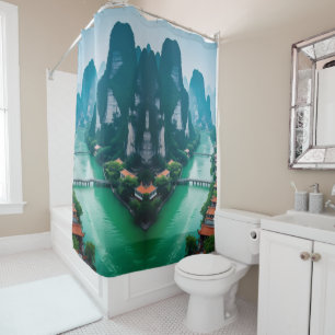 Emerald Waters & Mountain Views – Scenic Bathroom Shower Curtain