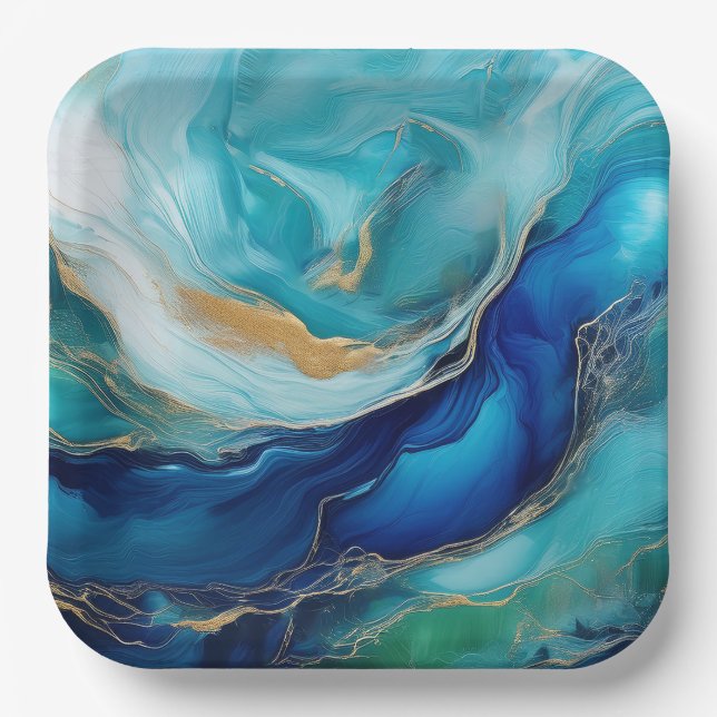 Emerald Waves: A Symphony in Blue and Green Paper Plate (Front)