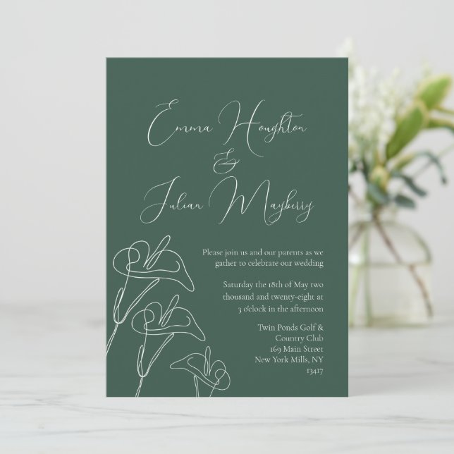 Emerald White Calla Lily Calligraphy Wedding Invitation (Standing Front)