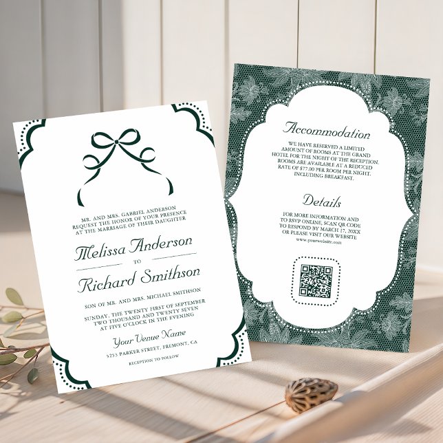Emerald White Lace Coquette Bow QR Code Wedding Invitation (Creator Uploaded)