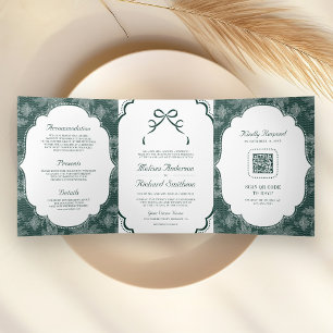 Emerald White Lace Coquette Bow QR Code Wedding Tri-Fold Invitation