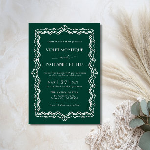 Emerald White Lace Old Money Elegant Wedding Invitation