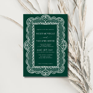 Emerald & White Lace Old Money Rustic Wedding Invitation