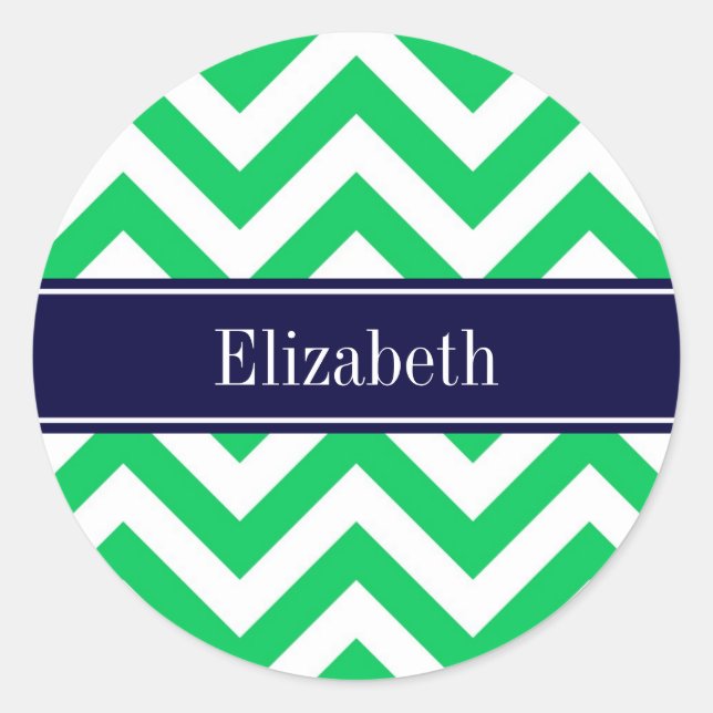 Emerald White LG Chevron Navy Blue Name Monogram Classic Round Sticker (Front)