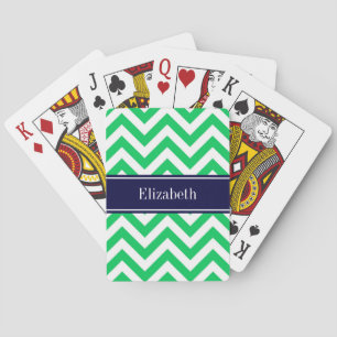 Emerald White LG Chevron Navy Blue Name Monogram Playing Cards