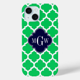 Emerald White Moroccan #5 Navy 3 Initial Monogram iPhone 15 Case