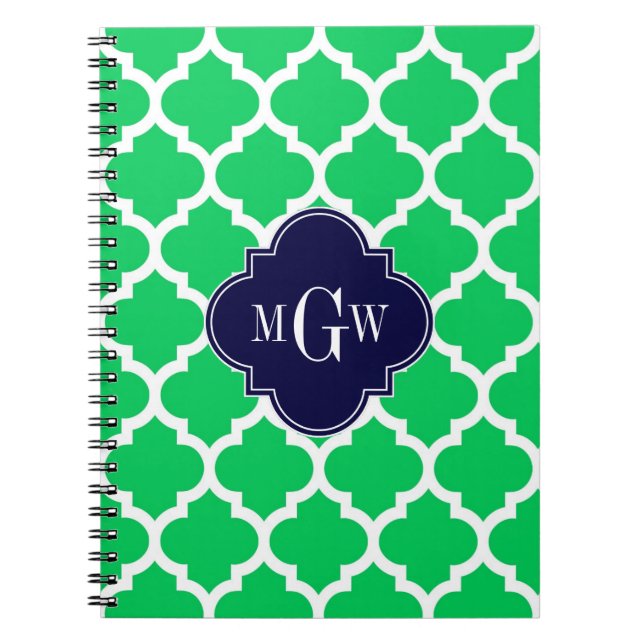 Emerald White Moroccan #5 Navy 3 Initial Monogram Spiral Notebook (Front)