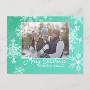 Emerald White Snowflake Minimalist Christmas Photo Holiday Postcard