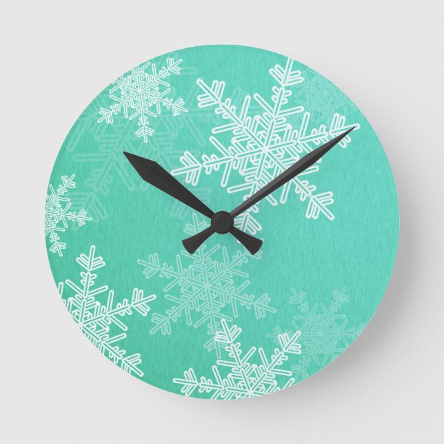 Emerald White Snowflakes Minimalist Christmas Round Clock (Front)