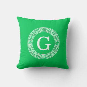 Emerald Wht Greek Key Rnd Frame Initial Monogram Cushion