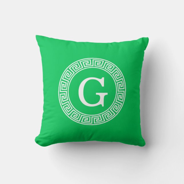 Emerald Wht Greek Key Rnd Frame Initial Monogram Cushion (Front)