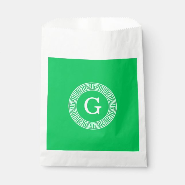 Emerald Wht Greek Key Rnd Frame Initial Monogram Favour Bags (Front)