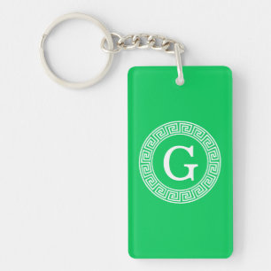 Emerald Wht Greek Key Rnd Frame Initial Monogram Key Ring