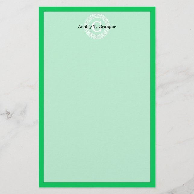 Emerald Wht Greek Key Rnd Frame Initial Monogram Stationery (Front)