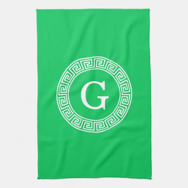 Emerald Wht Greek Key Rnd Frame Initial Monogram Tea Towel (Vertical)
