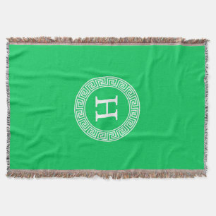 Emerald Wht Greek Key Rnd Frame Initial Monogram Throw Blanket