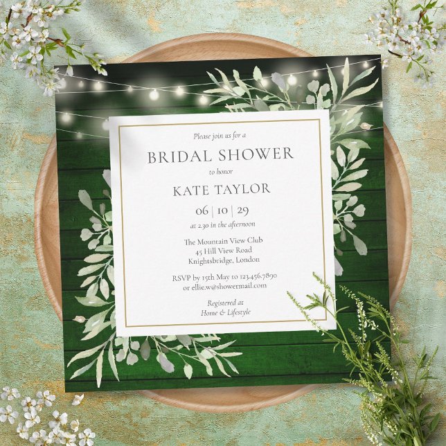 Emerald Wood String Lights Greenery Bridal Shower Invitation (Creator Uploaded)