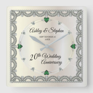Emeralds Diamonds 20th Wedding Anniversary Square Wall Clock