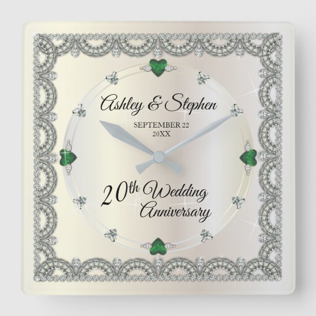 Emeralds | Diamonds 20th Wedding Anniversary Square Wall Clock (Front)