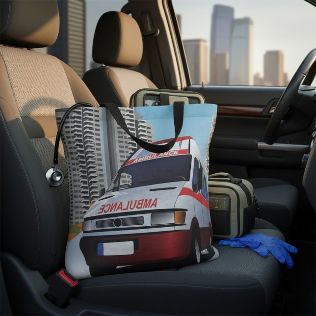 Emergency Ambulance in Cityscape Medical Rescue  Tote Bag (Creator Uploaded)