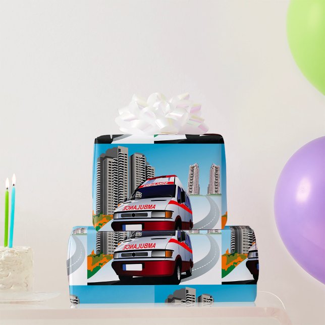 Emergency Ambulance in Cityscape Medical Rescue  Wrapping Paper (Creator Uploaded)
