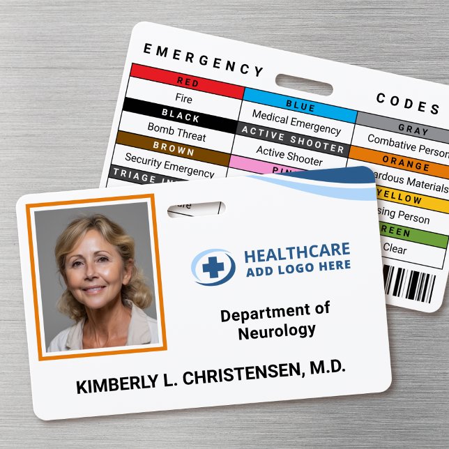  Emergency Codes Hospital Employee Photo ID Badge (Double-sided photo ID badge with custom emergency codes and barcode image)
