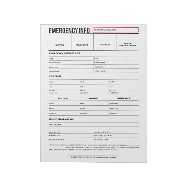 Emergency Contact Information Sheet Notepad (Rotated)