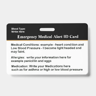 Emergency Medical Alert ID Card Custom Badge
