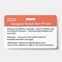 Emergency Medical Alert ID Card Custom Badge