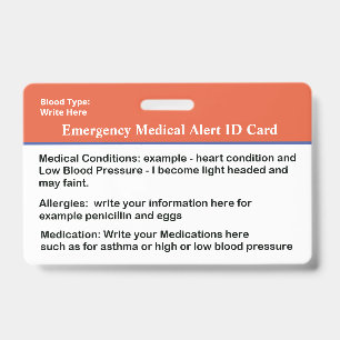 Emergency Medical Alert ID Card Custom Badge