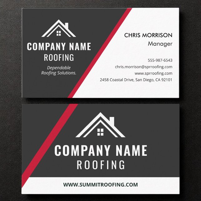 Emergency Red Grey Roofing Storm Repair Contractor Business Card (Creator Uploaded)