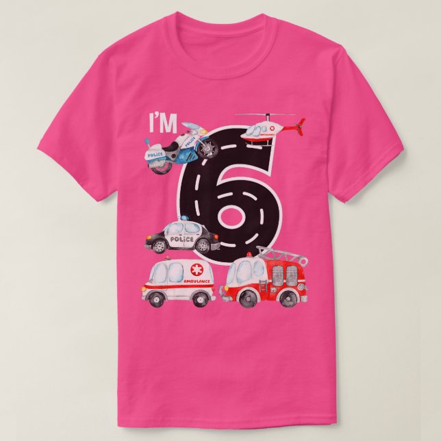 Emergency Vehicles 6th Birthday Fire Truck Police  T-Shirt (Design Front)