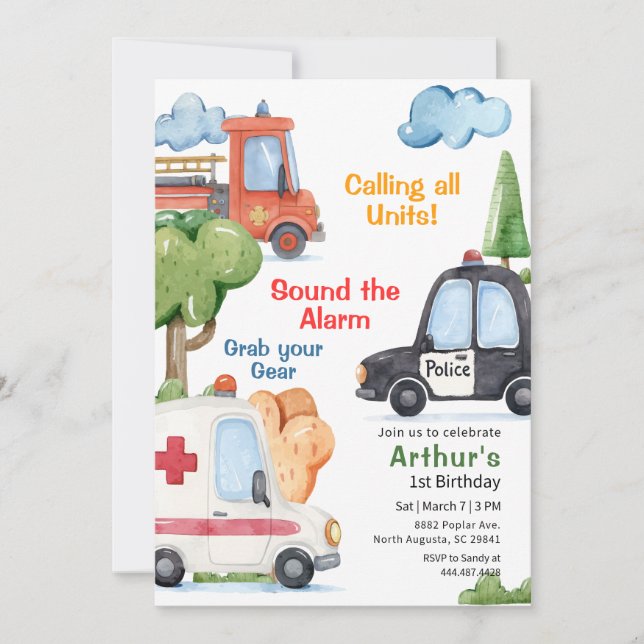 Emergency Vehicles Any Age Birthday Invitation (Front)