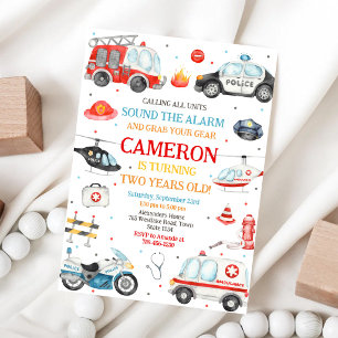 Emergency Vehicles Fire Truck Police Birthday Invitation