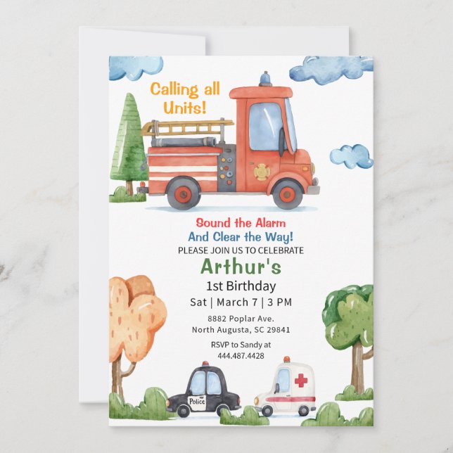 Emergency Vehicles Firetruck Birthday Invitation (Front)