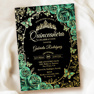 Emerlad Green Gold Black Roses Quinceanera