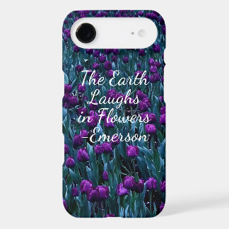 Emerson quote in purple tulip flower garden