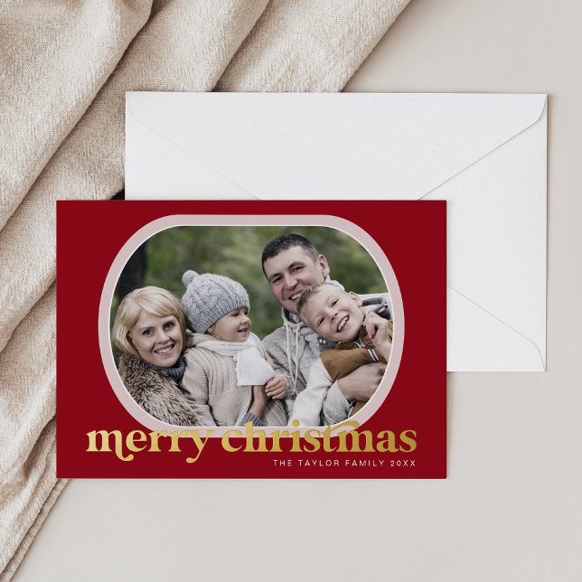 EMERY Red Gold Foil Photo Simple Merry Christmas (EMERY Red Gold Foil Photo Simple Merry Christmas Foil Holiday Card)