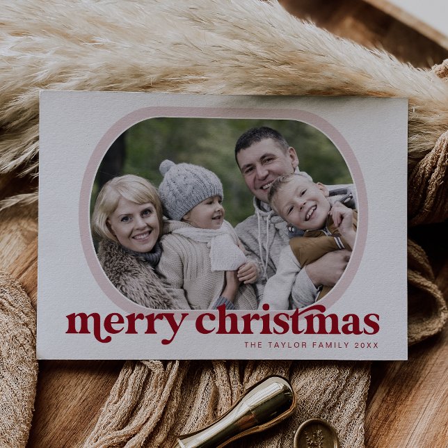 EMERY Red Pink Family Photo Simple Merry Christmas Holiday Card (EMERY Red Pink Family Photo Simple Merry Christmas Holiday Card)
