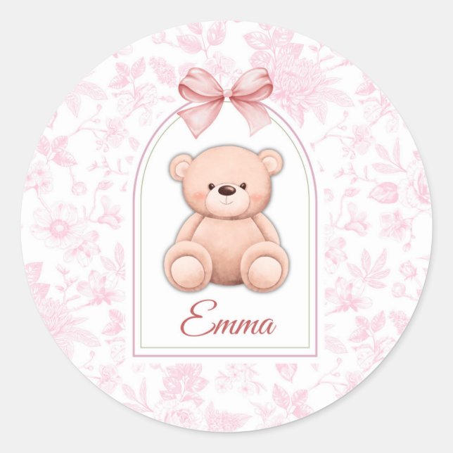 Emma | Custom Pink Teddy Bear Nursery Design  Classic Round Sticker (Front)