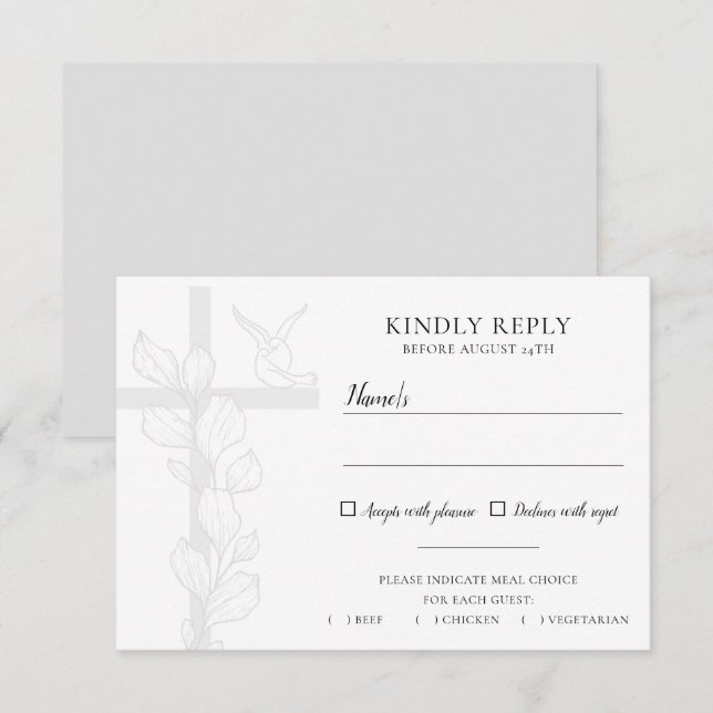Emma Elegant Cross & Doves Wedding Meal Choice RSVP Card (Front/Back)