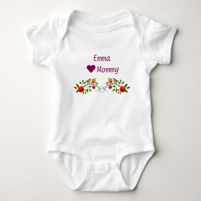 Emma Hearts Loves Mummy Twins Flowers Birds Baby Bodysuit (Front)