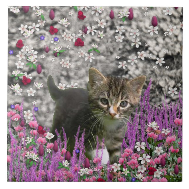 Emma in Flowers I – Little Grey Kitty Cat Tile (Front)
