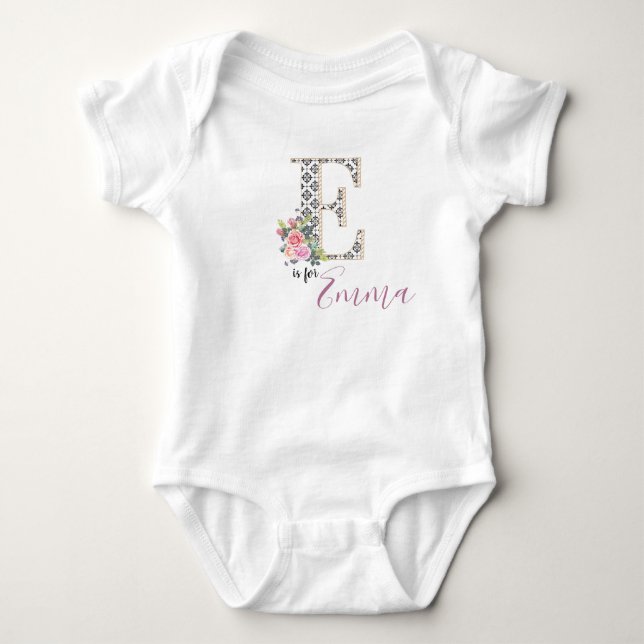 Emma Name Baby Outfit Letter E Romper Floral Girl Bodysuit (Front)