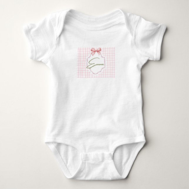 Emma Personalized Pink Bow & Gingham Print  Baby Bodysuit (Front)