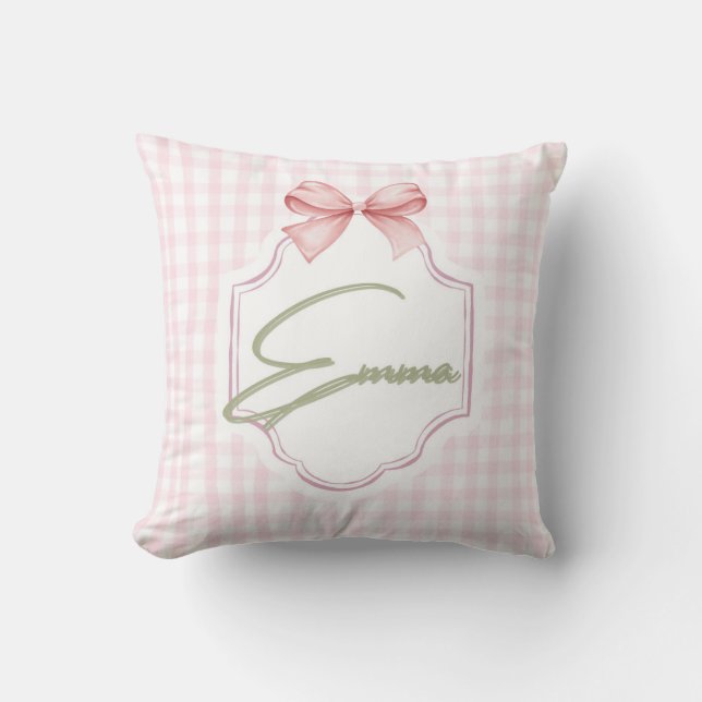 Emma Personalized Pink Bow & Gingham Print  Cushion (Front)