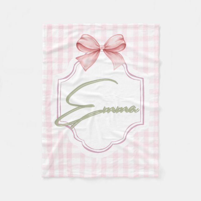 Emma Personalized Pink Bow & Gingham Print  Fleece Blanket (Front)
