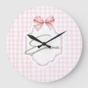 Emma Personalized Pink Bow & Gingham Print Large Clock